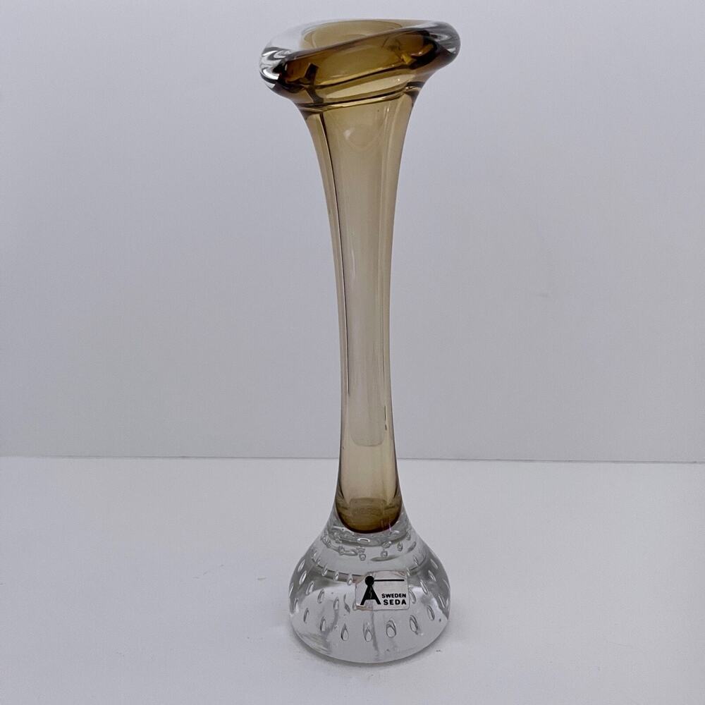 Aseda Glasbruk Sweden Amber Art Glass Vase with Controlled Bubbles Base Vintage